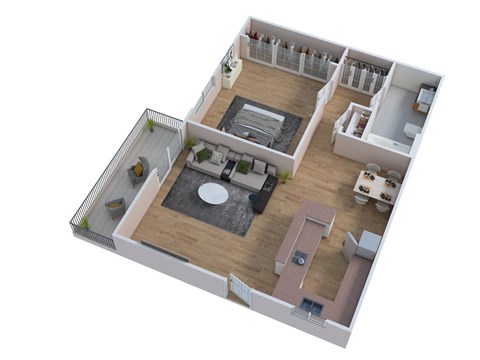 Floor plan for 1 bed, 1 bath, 738 sqft